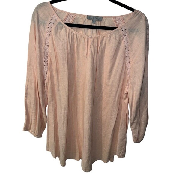 Rose & Thyme Blouse Womens Plus 1X Linen Blend Tunic Crochet Inlay Romantic Boho - Picture 1 of 7